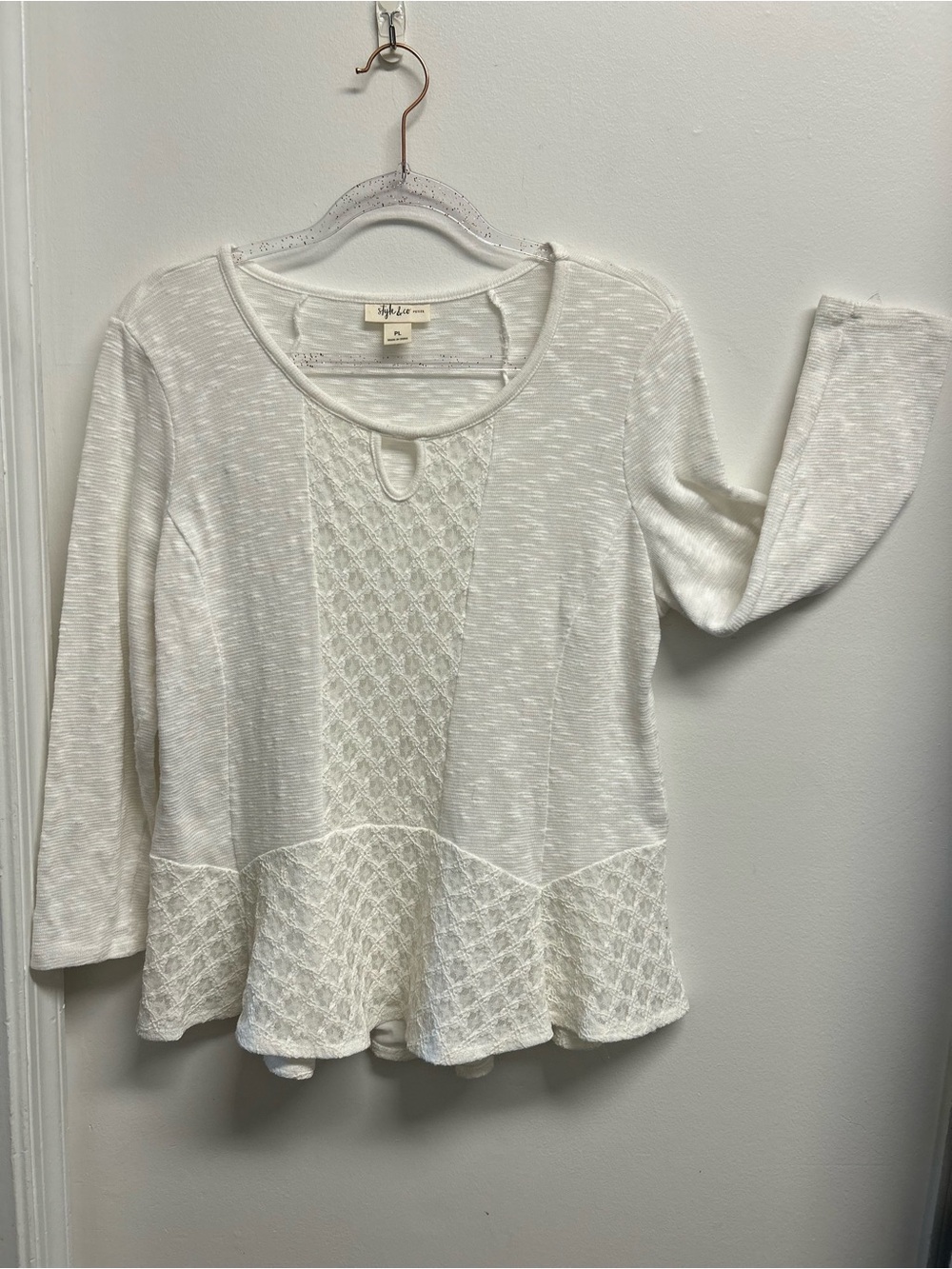 Style & Co. Cream Knit Peplum Tunic with Lace Panel